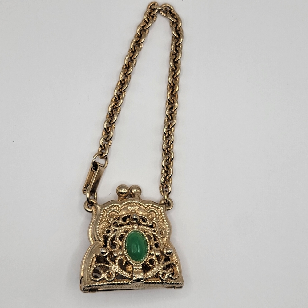 Victorian Miniature Chatelain Purse Accessory Brass Tone w Stone Antique Vtg